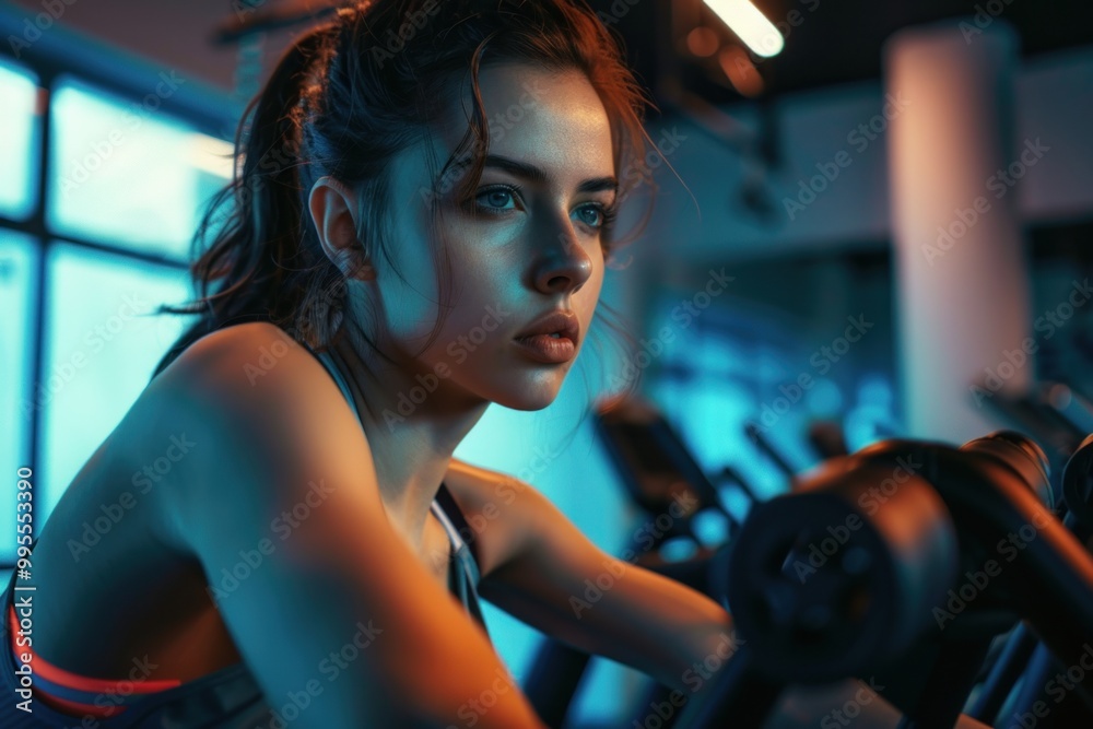 Fototapeta premium A sporty girl in sports clothes trains on an exercise bike in the gym. Workout sport concept