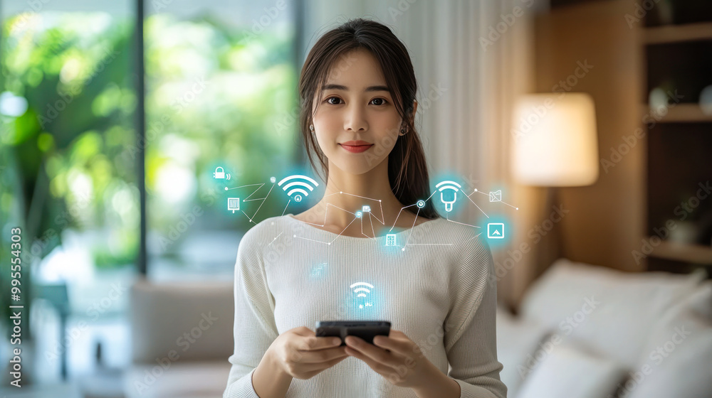 Smart home technology, young smiling asian woman with smart phone and icons for safety security, network or house automation in living room. App software, Remote control and home management Smart home technology, young smiling asian woman with smart phone and icons for safety security, network or house automation in living room. App software, Remote control and home management