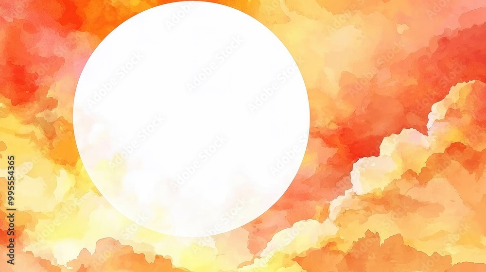Watercolor Sunset Sky with White Circle Watercolor Sunset Sky with White Circle