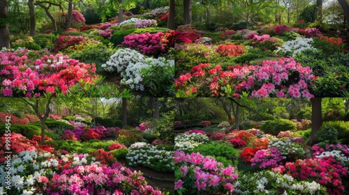 A lush, verdant garden filled with blooming azaleas, their vibrant, clustered flowers in shades of pink, white, and red, creating a captivating and visually striking scene