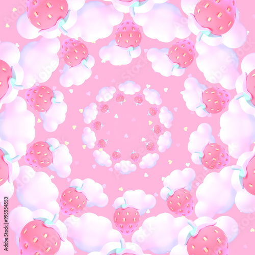 Cartoon strawberries and clouds sky.