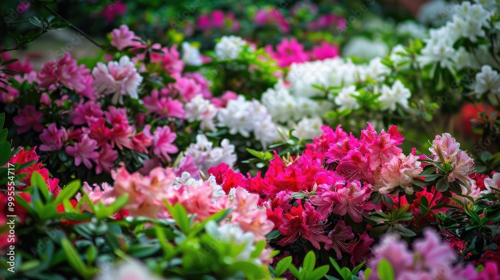 A lush, verdant garden filled with blooming azaleas, their vibrant, clustered flowers in shades of pink, white, and red, creating a captivating and visually striking scene A lush, verdant garden filled with blooming azaleas, their vibrant, clustered flowers in shades of pink, white, and red, creating a captivating and visually striking scene