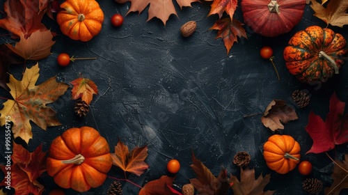 Autumn pumpkins and leaves on a dark background, top view photo