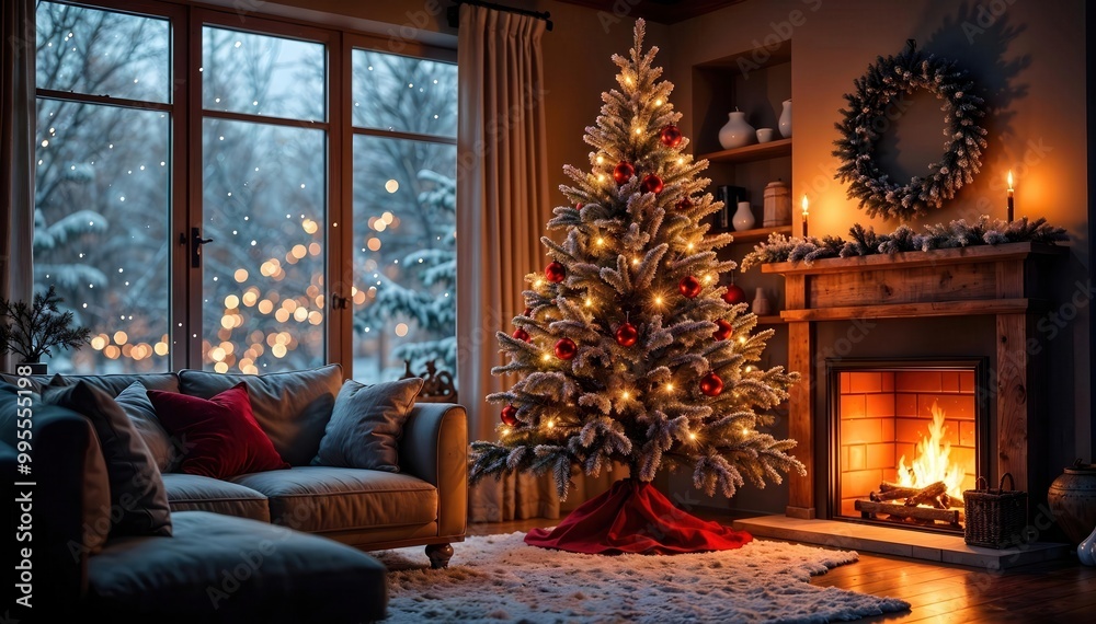 A warm and inviting living room decorated with a Christmas tree featuring glowing ornaments, a roaring fireplace, and snowy winter scene through the windows. A warm and inviting living room decorated with a Christmas tree featuring glowing ornaments, a roaring fireplace, and snowy winter scene through the windows.