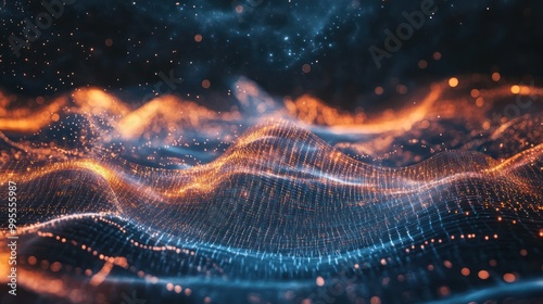 Visualization of quantum entanglement with particles connected across vast distances, digital grid background, and energy waves