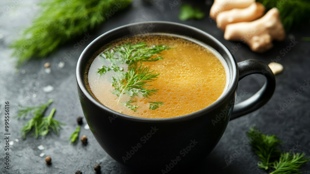 Steaming Mug of Bone Broth with Fresh Herbs Steaming Mug of Bone Broth with Fresh Herbs