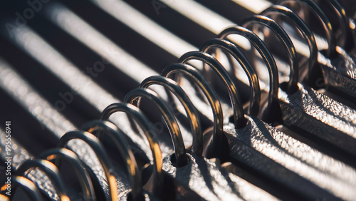 Macro shot of spiral metal notebook binding, vibrant light reflections and metallic texture, stock photo