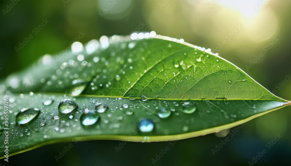 Detailed macro shot of dew-covered green leaf Detailed macro shot of dew-covered green leaf