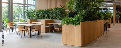 Interior of a greendesigned coworking office, showcasing sustainable architecture with plantfilled walls and ecoconscious furniture photo