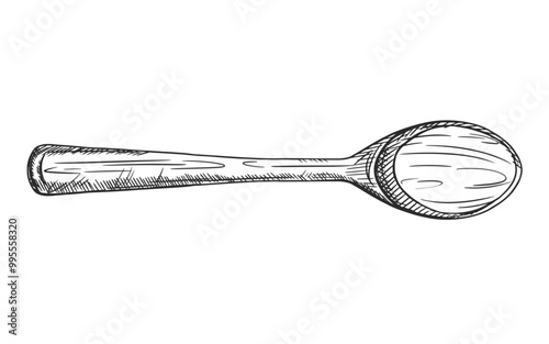 Vector illustration with wooden spoon texture. Kitchen utensils, tools, dishes, home decor. Retro old cutlery Hand drawn illustration in line art style painted in black ink on isolated background
