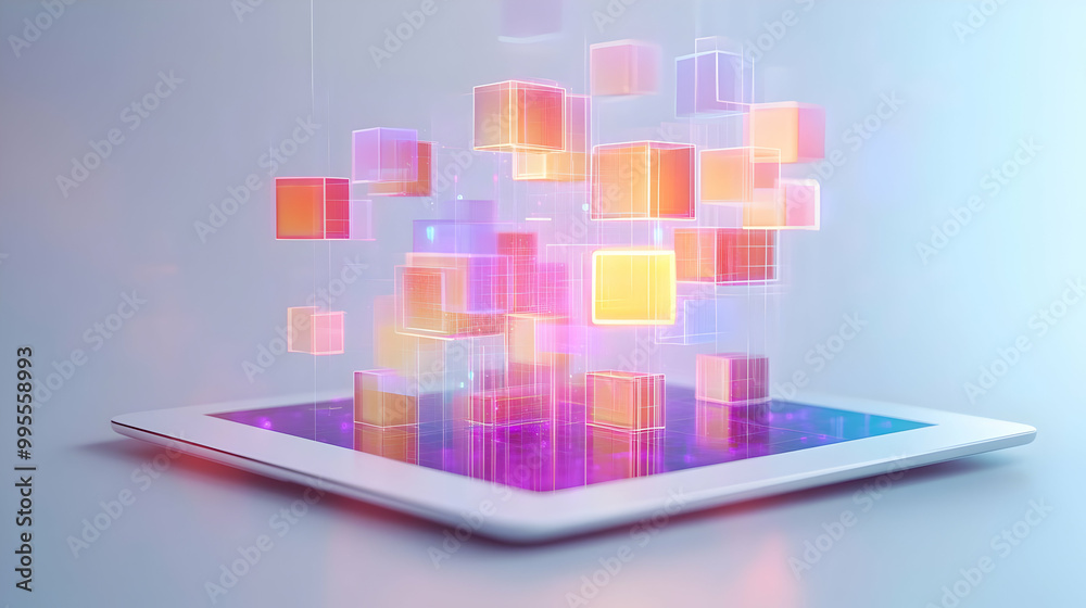 3D Floating Tablet with Holographic Offer Icon and Discount Code: Glossy Device Isolated on White Background for Promotional Content 3D Floating Tablet with Holographic Offer Icon and Discount Code: Glossy Device Isolated on White Background for Promotional Content