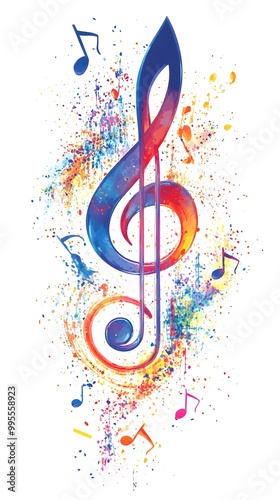 Colorful musical notes and treble clefs on a white background, vector illustration with space for text or message