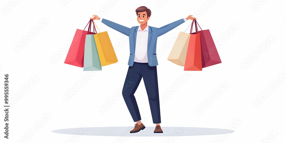 Flat Vector Illustration of Candid Shopper Joyfully Holding Shopping Bags During Clearance Sale - Capturing Excitement and Great Deals for Retail Promotions Flat Vector Illustration of Candid Shopper Joyfully Holding Shopping Bags During Clearance Sale - Capturing Excitement and Great Deals for Retail Promotions