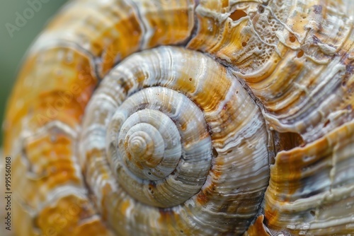 Close-up view of a spiral shell with intricate patterns found on a sandy beach during early morning light, showcasing natural beauty and marine life