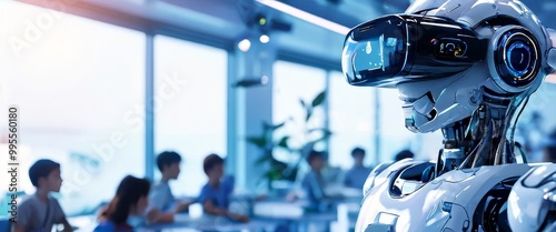 A highly advanced robot with a sleek design wears a virtual reality headset, standing in a modern, high-tech office environment. The futuristic design and innovative technology hint at the cutting