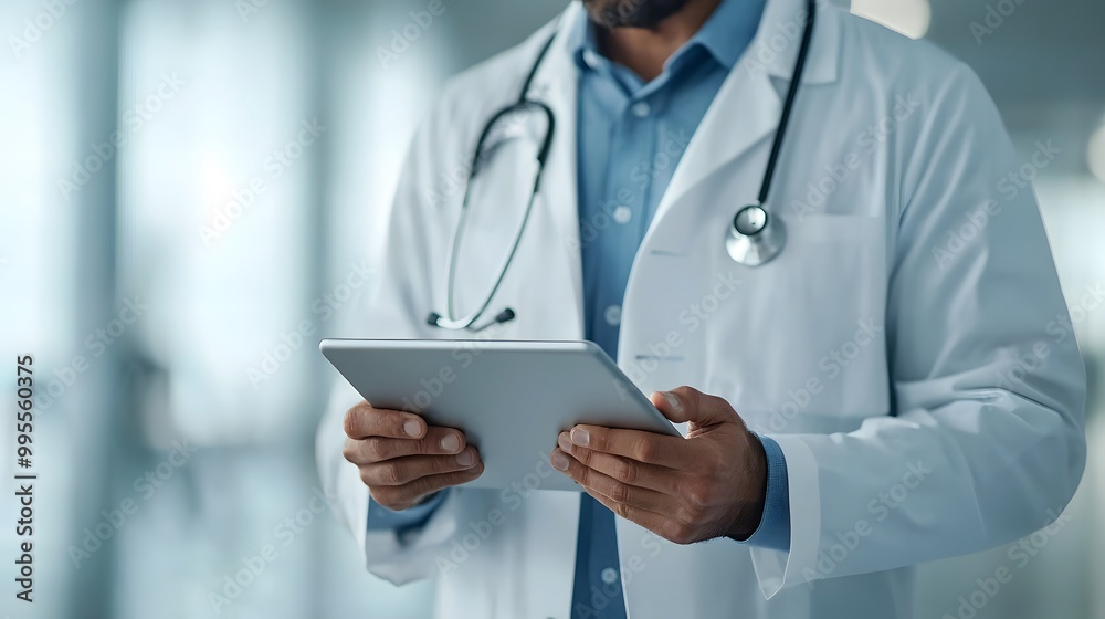 A healthcare professional in a white coat holds a tablet, focused on a virtual consultation in a bright environment. The atmosphere is professional and modern. Medical Technology Concept A healthcare professional in a white coat holds a tablet, focused on a virtual consultation in a bright environment. The atmosphere is professional and modern. Medical Technology Concept
