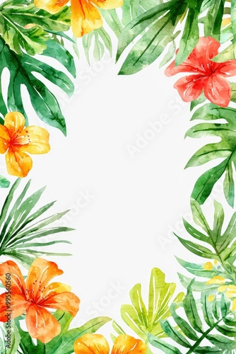 Watercolor Tropical Floral Frame with White Background