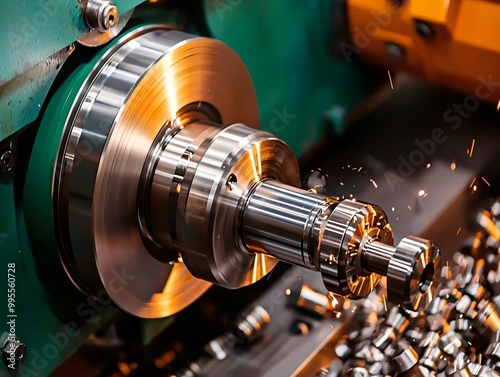 A close-up of a metal lathe machining a precision part, showcasing the intricate details and sparks during the manufacturing process. photo