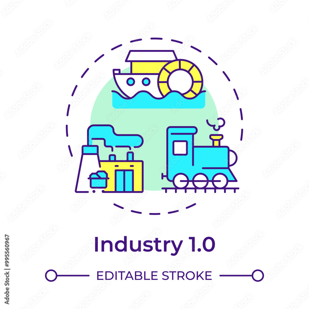 Industry 1.0 multi color concept icon. Industrial revolution. Steam engine, mechanization. Technological progress. Round shape line illustration. Abstract idea. Graphic design. Easy to use in article Industry 1.0 multi color concept icon. Industrial revolution. Steam engine, mechanization. Technological progress. Round shape line illustration. Abstract idea. Graphic design. Easy to use in article