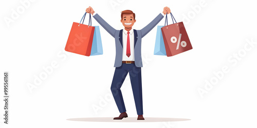 Happy Shopper with Clearance Bargains - Candid Vector Illustration for Retail Promotions, Discounts & E-Commerce Marketing