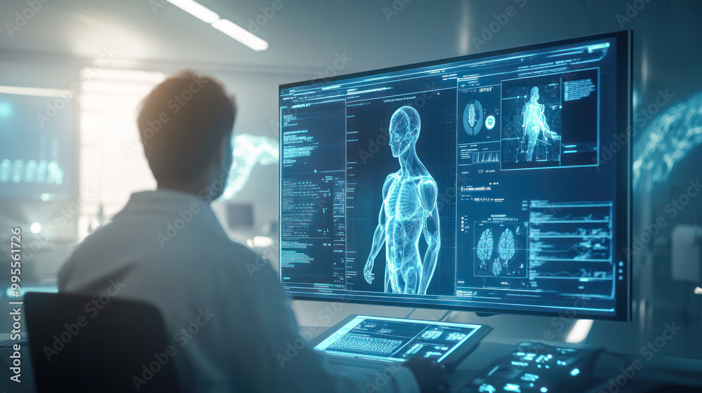 Doctor analysis the test result from MRI Scanner on computer. Medical report about health of patient on screen, data of analysis. Telemedicine. Computer scan of man. Full body check up. clinic Doctor analysis the test result from MRI Scanner on computer. Medical report about health of patient on screen, data of analysis. Telemedicine. Computer scan of man. Full body check up. clinic