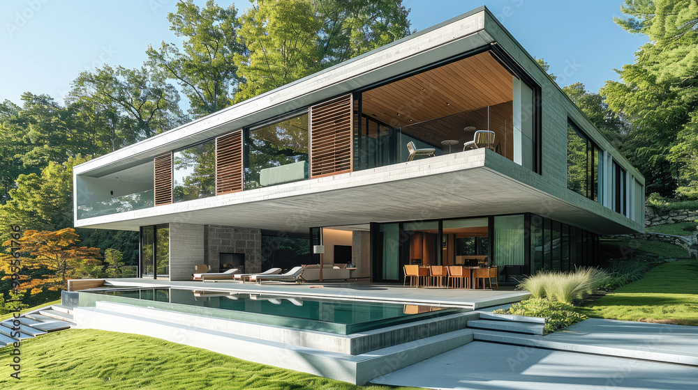 Modern concrete house with a flat roof and large windows, a mezzanine ...
