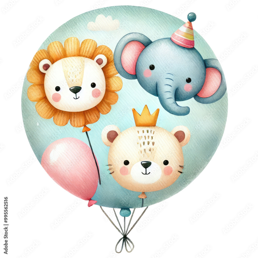 Obraz premium A colorful balloon features adorable cartoon animals: a lion, elephant, and bear, perfect for children's parties and celebrations.