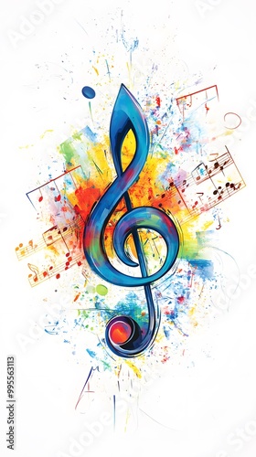 Colorful musical notes and treble clefs on a white background, vector illustration with space for text or message