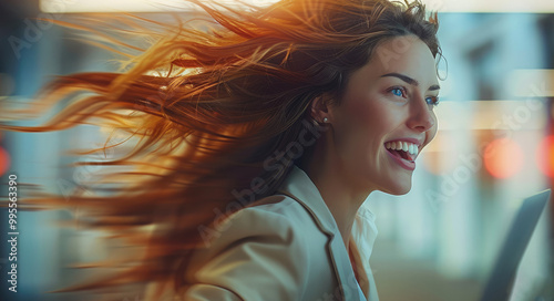 A female executive holding an opened laptop with both hands that makes her travel at incredible speed. Her hair flies as if she is going very fast. in office. photo