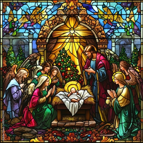 Stained glass nativity scene with baby Jesus surrounded by angels under a radiant star, vibrant blue and yellow hues
Concept: religious nativity scene, stained glass, holy birth, Christmas angels, rad