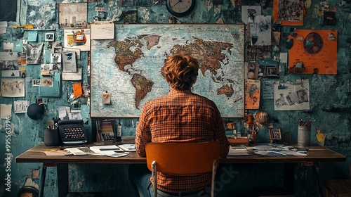 A person sitting at a desk with a vision board full of inspiring images and goals representing the power of visualization in achieving success Large space for text in center Stock Photo with copy