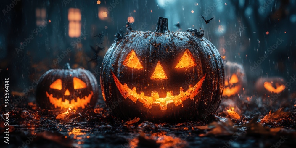 Fototapeta premium The Halloween fair glows with lights, music, and an air of the supernatural