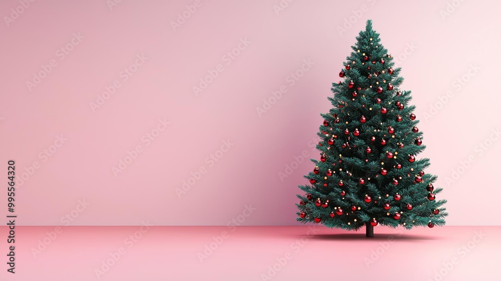 Christmas tree with red and black garland and lights, glowing warmly, 3D illustration Christmas tree with red and black garland and lights, glowing warmly, 3D illustration