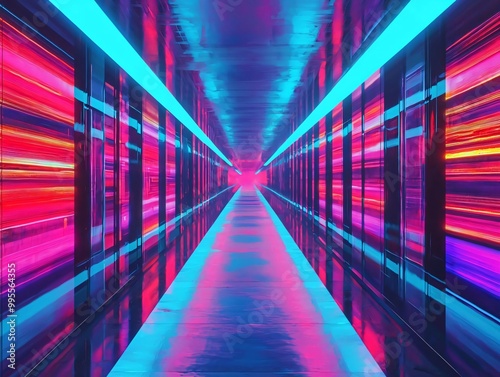 A vibrant, futuristic hallway illuminated with neon lights, creating a mesmerizing visual effect and a sense of depth.