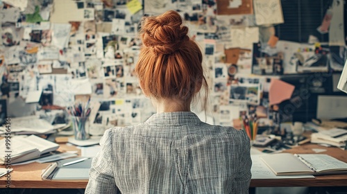 A person sitting at a desk with a vision board full of inspiring images and goals representing the power of visualization in achieving success Large space for text in center Stock Photo with copy