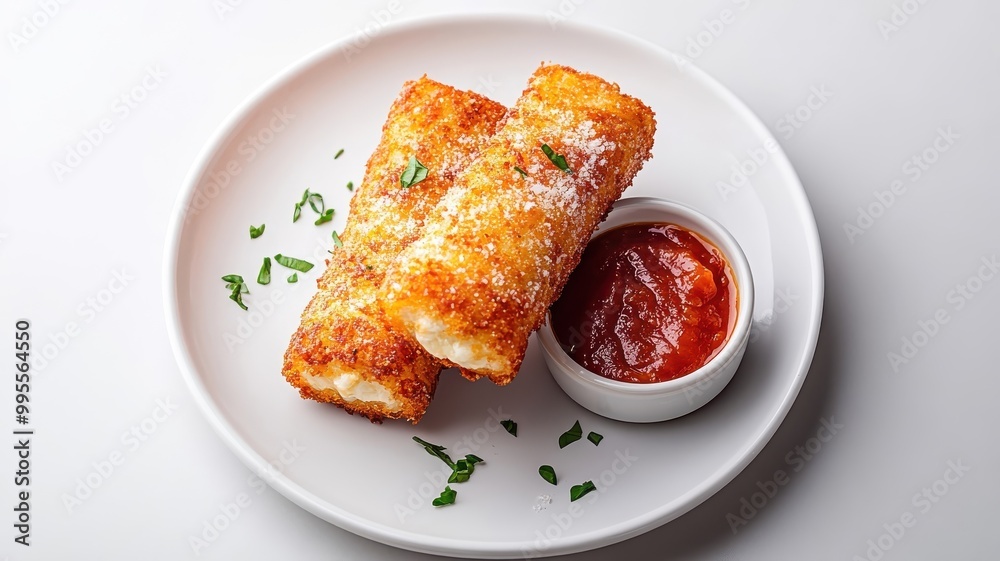 Single mozzarella stick with Parmesan cheese on white plate, beside marinara sauce. Single mozzarella stick with Parmesan cheese on white plate, beside marinara sauce.