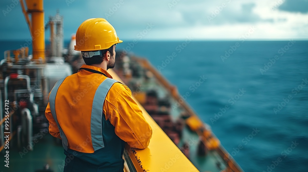 Marine Engineer on a Ship’s Deck A marine engineer standing on the deck of a large ship, looking out at the sea, with mechanical parts of the ship visible around them. Marine Engineer on a Ship’s Deck A marine engineer standing on the deck of a large ship, looking out at the sea, with mechanical parts of the ship visible around them.