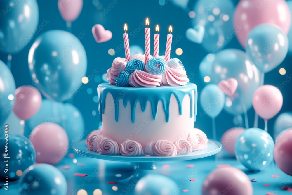 Close up of a blue birthday cake with pink icing and candles surrounded by balloons and festive decorations symbolizing the joy and fun of birthday celebrations Close up of a blue birthday cake with pink icing and candles surrounded by balloons and festive decorations symbolizing the joy and fun of birthday celebrations