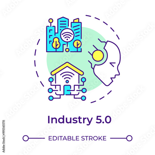 Industry 5.0 multi color concept icon. Smart city. Human-machine interaction. Connected homes. Advanced AI. Round shape line illustration. Abstract idea. Graphic design. Easy to use in article