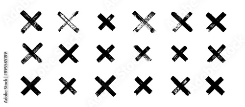 Black ink wrong signs on transparent bg. Black paint brush stroke crosses. Vector set of hand-painted Wrong icons. Abstract hand-drawn NO button for checkbox voting. Isolated disagree tick box symbols
