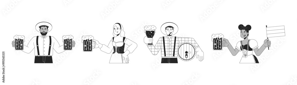 Diverse party guests enjoying oktoberfest black and white 2D line characters set. Positive adults with craft beer having fun isolated vector outline people. Monochrome spot illustrations collection Diverse party guests enjoying oktoberfest black and white 2D line characters set. Positive adults with craft beer having fun isolated vector outline people. Monochrome spot illustrations collection