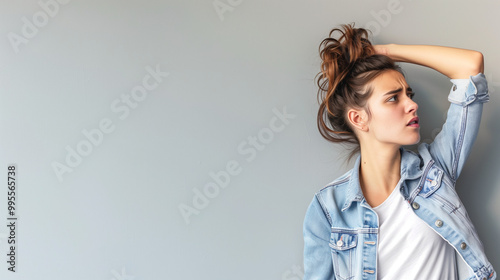 Frustrated Consumer Confusion. A Girl Holding Head Staring at Blank Wall