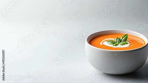 Minimalist composition of tomato basil soup with cream swirl on white plate.