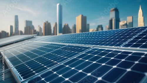 Solar panels on a rooftop with a city skyline in the background.