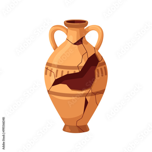 Old broken pottery, amphora. Ancient Greek vase, antique jug, clay pot with handles. Vintage vessels. Damaged crockery with breaches, holes. Flat vector illustration isolated on white background