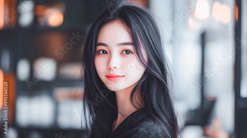 Wallpaper Mural Portrait of Smiling Woman with Long, Sleek Hair in Modern Hair Salon Torontodigital.ca