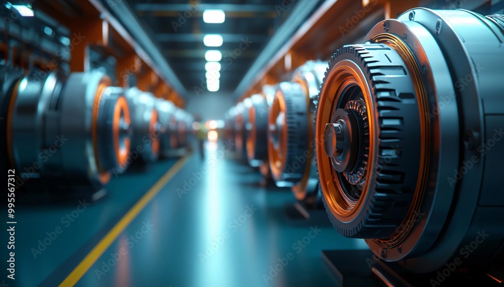 Obraz premium Close-up view of modern electric motors in a factory setting, showcasing advanced engineering and industrial design.
