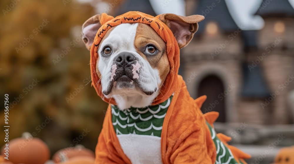 Adorable dog in a bright orange costume, perfect for autumn, showcasing a playful character against a scenic backdrop. Adorable dog in a bright orange costume, perfect for autumn, showcasing a playful character against a scenic backdrop.