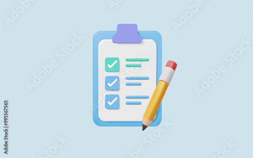 White clipboard with checklist and pencil drawing ticks checking selection marks on sky blue background. Planning and organization of work. notepad, project plan, check marks. 3d Vector illustration