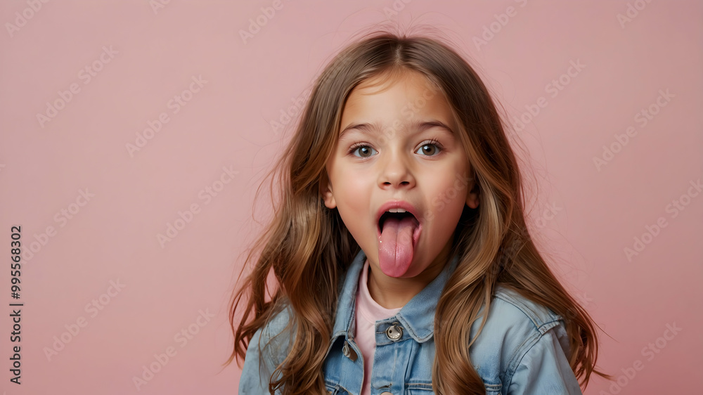 Playful Tongue Out: A young girl with long brown hair sticks out her tongue playfully, her bright eyes sparkling with mischief against a soft pink background.